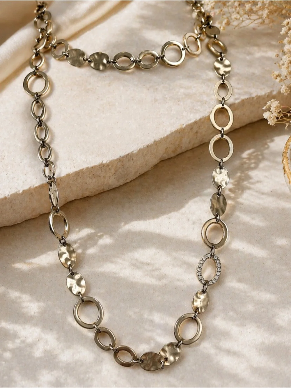 Light Gold-Tone Hammered Link Long Necklace with Pavé Accent Can be Doubled
